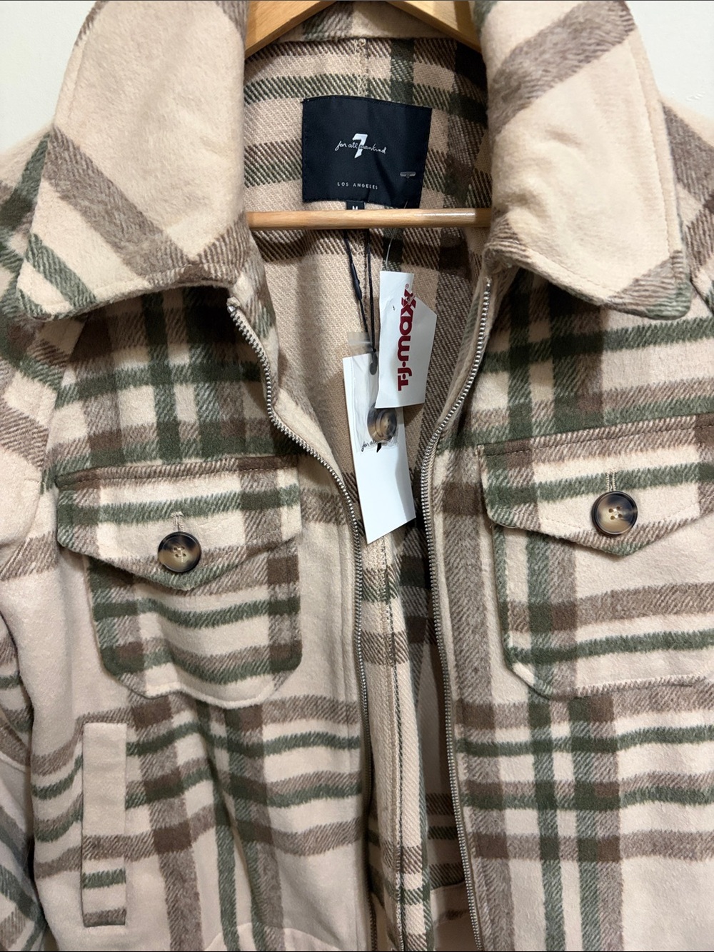 7 For All Mankind Plaid Shacket Jacket in Beige, Olive & Brown